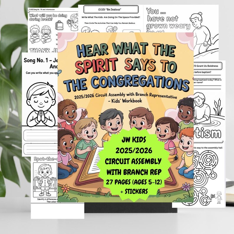 K&ouml;nnte beinhalten: Eine Sammlung von Kinderarbeitsheften mit dem Titel "Hear What The Spirit Says To The Congregations". Das Cover zeigt Illustrationen von Kindern und den Text "JW Kids 2025/2026 Circuit Assembly with Branch Rep". Weitere Seiten enthalten Malaktivit&auml;ten.