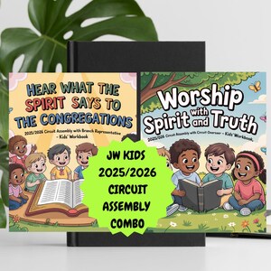 May include: A combo set of two children's workbooks with colorful illustrations and text. The workbooks are titled "Hear What the Spirit Says to the Congregations" and "Worship with Spirit and Truth." The text "JW KIDS 2025/2026 CIRCUIT ASSEMBLY COMBO" is also visible.