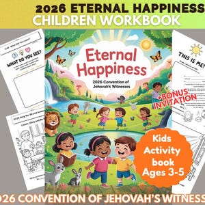 Op de afbeelding: Een kinderactiviteitenboek getiteld "Eternal Happiness" voor de leeftijd van 3-5 jaar, met de tekst "2026 Convention of Jehovah's Witnesses". De omslag bevat illustraties van kinderen, dieren en de natuur. Inclusief bonus uitnodigingen.