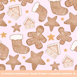 May include: A seamless pattern featuring gingerbread cookies, houses, stars, and stockings on a pink background. The gingerbread men and houses have white icing details. The text "instant download | hand drawn | seamless pattern" is at the bottom.