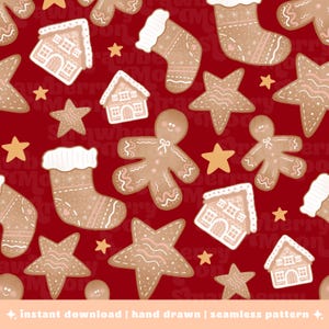 Puede incluir: Un patrón festivo sin costuras con hombres de jengibre, casas, estrellas y medias sobre un fondo rojo. El diseño incluye el texto "instant download | hand drawn | seamless pattern".