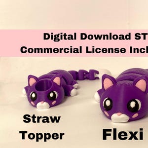 May include: Two 3D printed purple cat figurines. One is a straw topper with a hole in the top. The other is a flexible cat with a segmented tail. Both have white accents and black eyes. Digital Download STL Commercial License Included!