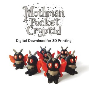 Peut inclure: Plusieurs figurines de Mothman noires avec des yeux rouges et des ailes orange. Les figurines sont regroupées. Le texte "Mothman Pocket Cryptid" et "Digital Download for 3D Printing" sont affichés au-dessus.
