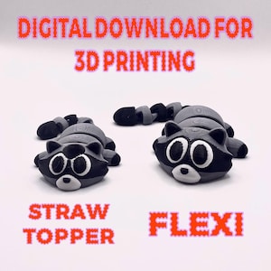 Peut inclure: Deux designs de ratons laveurs imprimés en 3D, l'un avec une queue flexible et l'autre avec une queue rigide. Le raton laveur à la queue flexible est étiqueté "Flexi" et le raton laveur à la queue rigide est étiqueté "Straw Topper". Les deux ratons laveurs sont gris avec des yeux noirs et un nez noir.