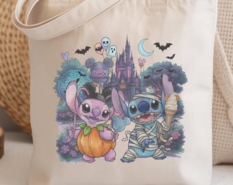 Walt Disneyworld Stitch and Angel Halloween Tote Bag,Magic Kingdom Spooky Season Tote,Ice Cream Snacking Team,Nightmare On Main Street