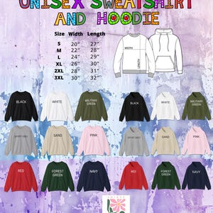 The image is a collage of various colored sweatshirts and hoodies, each with different sizes and styles, displayed against a purple and blue background.