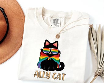 Funny Ally Cat Comfort Colors Shirt,LGBTQ Cat Tee, Pride Cat T-Shirt,Rainbow Cat Graphic Tee,Cute Black Cat  Shirt,Cat Lover LGBTQ Tee