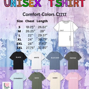 May include: Image of a range of unisex t-shirts in colours such as black, white, blue jean, pepper, chambray, moss, ivory, and blossom. The text reads "UNISEX TSHIRT" and includes size and measurement details in inches, with chest measurements in inches.