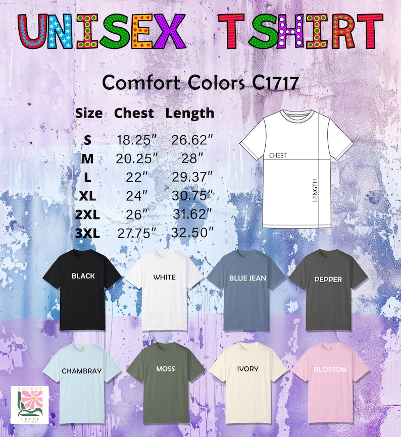 May include: Image of a range of unisex t-shirts in colours such as black, white, blue jean, pepper, chambray, moss, ivory, and blossom. The text reads "UNISEX TSHIRT" and includes size and measurement details in inches, with chest measurements in inches.