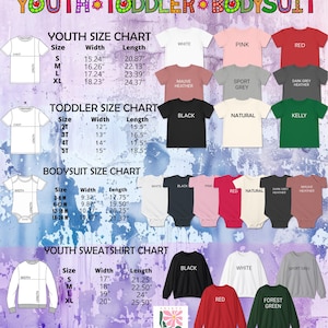 May include: A size chart for youth and toddler clothing, including bodysuits, t-shirts, and sweatshirts. Measurements are in inches for width and length. Colour options include white, pink, red, and black, with additional colours.