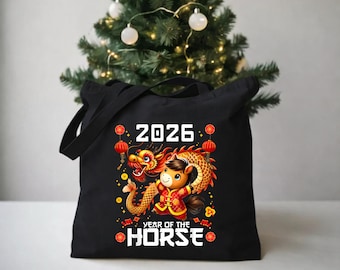 Year of the Horse 2026 Tote Bag, Cute Chinese New Year Horse & Dragon Design, Black Canvas Bag, Lunar New Year Gift