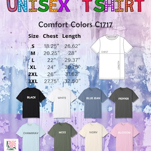 The image is a collage of various t-shirt designs, including different colors and styles, along with their corresponding chest length measurements.