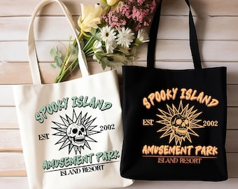 Spooky Island Tote Bag: Funny Halloween Skeleton & Disco Skull