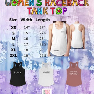 The image is a colorful advertisement for women's raceback tank tops, displaying the sizes and styles available in different colors.