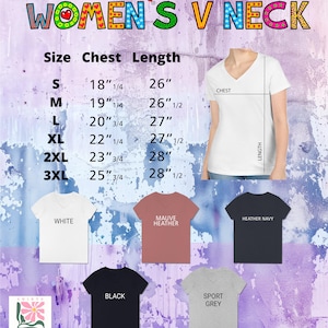 The image is a collage of various women's t-shirt designs, including different sizes and colors, along with size and chest length measurements.