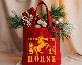 Red Year Of The Horse 2026 Chinese Lunar New Year Art Tote Bag,Fiery Zodiac  Cotton Bag