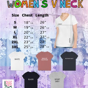 May include: A white V-neck t-shirt with a size chart and colour options. The chart shows chest and length measurements in inches for sizes S to 3XL. Colour options include white, mauve heather, heather navy, black, and sport grey.