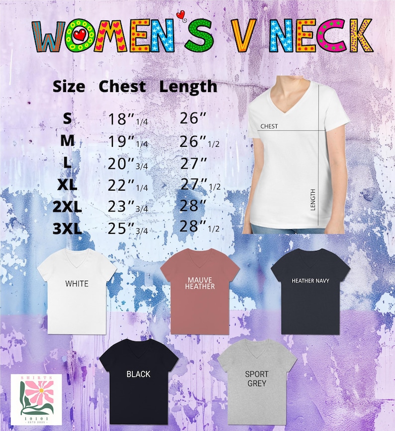 May include: A white V-neck t-shirt with a size chart and colour options. The chart shows chest and length measurements in inches for sizes S to 3XL. Colour options include white, mauve heather, heather navy, black, and sport grey.