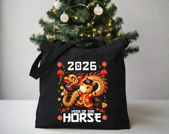 Year of the Horse 2026 Tote Bag, Cute Chinese New Year Horse & Dragon Design, Black Canvas Bag, Lunar New Year Gift