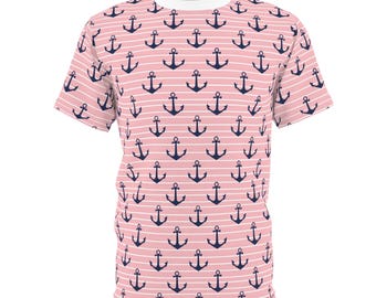 Camiseta unisex con ancla de rayas rosas, ropa náutica