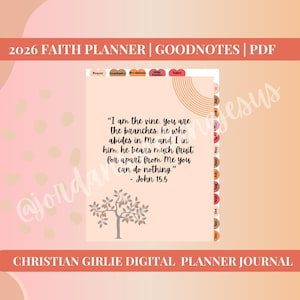 Può includere: Planner digitale con schema di colori pesca e rosa. Il planner include schede per la preghiera, la gratitudine e le note. Sono visualizzati i testi "2026 Faith Planner" e "Christian Girlie Digital Planner Journal". È inclusa anche una citazione da Giovanni 15:5.