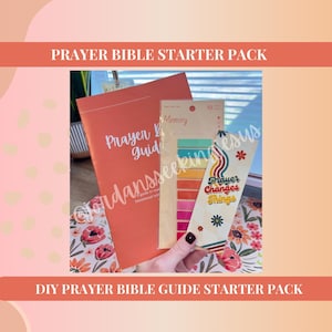 May include: An orange Prayer Guide, a pack of memory cards, and a bookmark that says "Prayer Changes Things" are displayed. The text "Prayer Bible Starter Pack" and "DIY Prayer Bible Guide Starter Pack" are also visible.