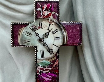 Floral Clock Resin Cross Pendant Necklace: Chunky Mixed Media Religious Jewelry