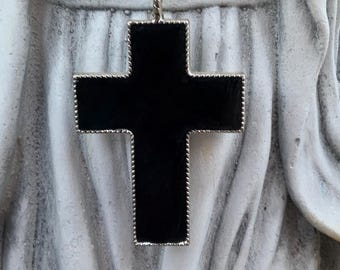 The Void Black Resin Cross Pendant Necklace: Gothic Statement Jewelry