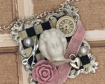 Frozen Charlotte Doll Head Pendant: Handmade Mixed Media Necklace