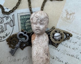 Edwardian Doll Pendant Necklace: Antique Bisque Doll, Angel Wing