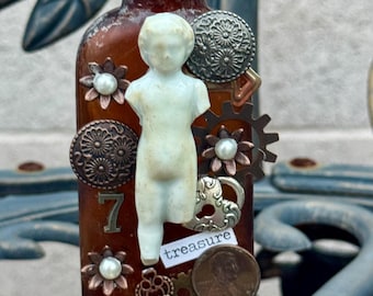 Time In A Bottle Frozen Charlotte Altered Art Vintage Excavated Bottle Assemblage Mixed Media Handcrafted By Alteredhead