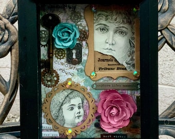 Vintage Assemblage Shadowbox Art: Doll Faces, Ephemera