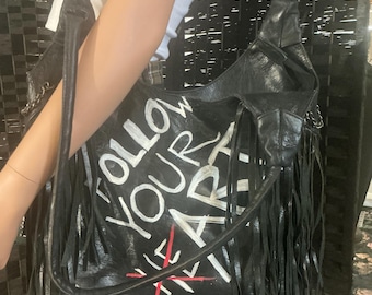 Black Leather Boho Bag Handmade -Leather Fringe Bag -Graffiti Style Leather Bag Fringe Handbag By Alteredhead