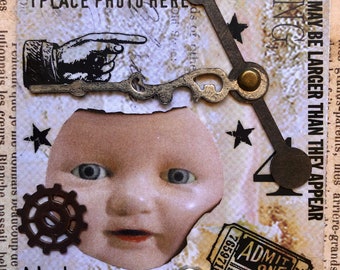 Doll Cards Handmade  ATC Original ACEO Creepy Baby Doll Head ACEO Antique Doll Head Artist Trading Cards Etsy Steampunk Art Etsy Doll Art