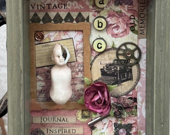 Vintage Frozen Charlotte Doll Shadowbox: Art Mixed Media Assemblage Art Dollhouse