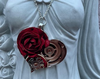 Steampunk Heart Pendant Necklace: Red Rose & Gears Mixed Media