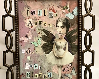Fallen Angel Framed Art: Gothic Mixed Media Collage