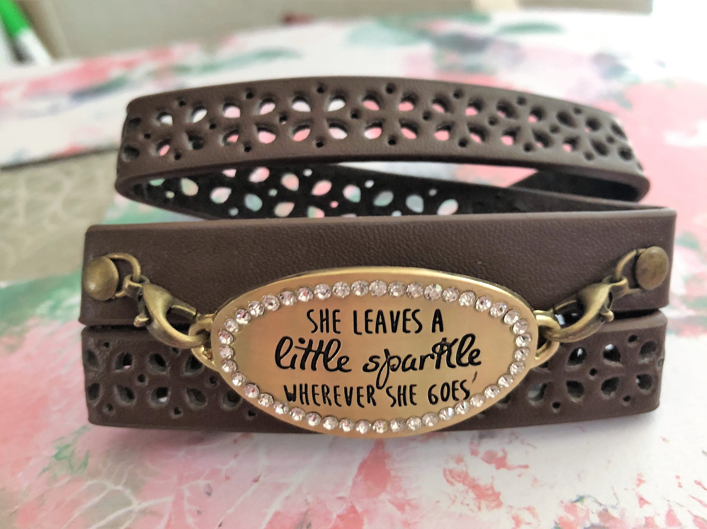 Brown Leather Wrap Bracelet: Rhinestone Quote, Trendy Jewelry