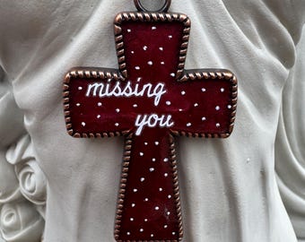 I Miss You Resin Cross Pendant Necklace:  Statement Cross Jewelry Pet Loss Shrine Altar Tribute