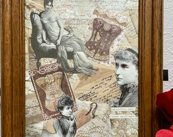 El Boudoir, conjunto enmarcado hecho a mano de Alteredhead, obra de arte enmarcada, arte bustier, arte burlesco, arte alterado, lencería vintage, collage de pared