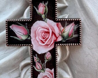 Floral Resin Cross Pendant Necklace: Chunky Pink Roses Statement Jewelry