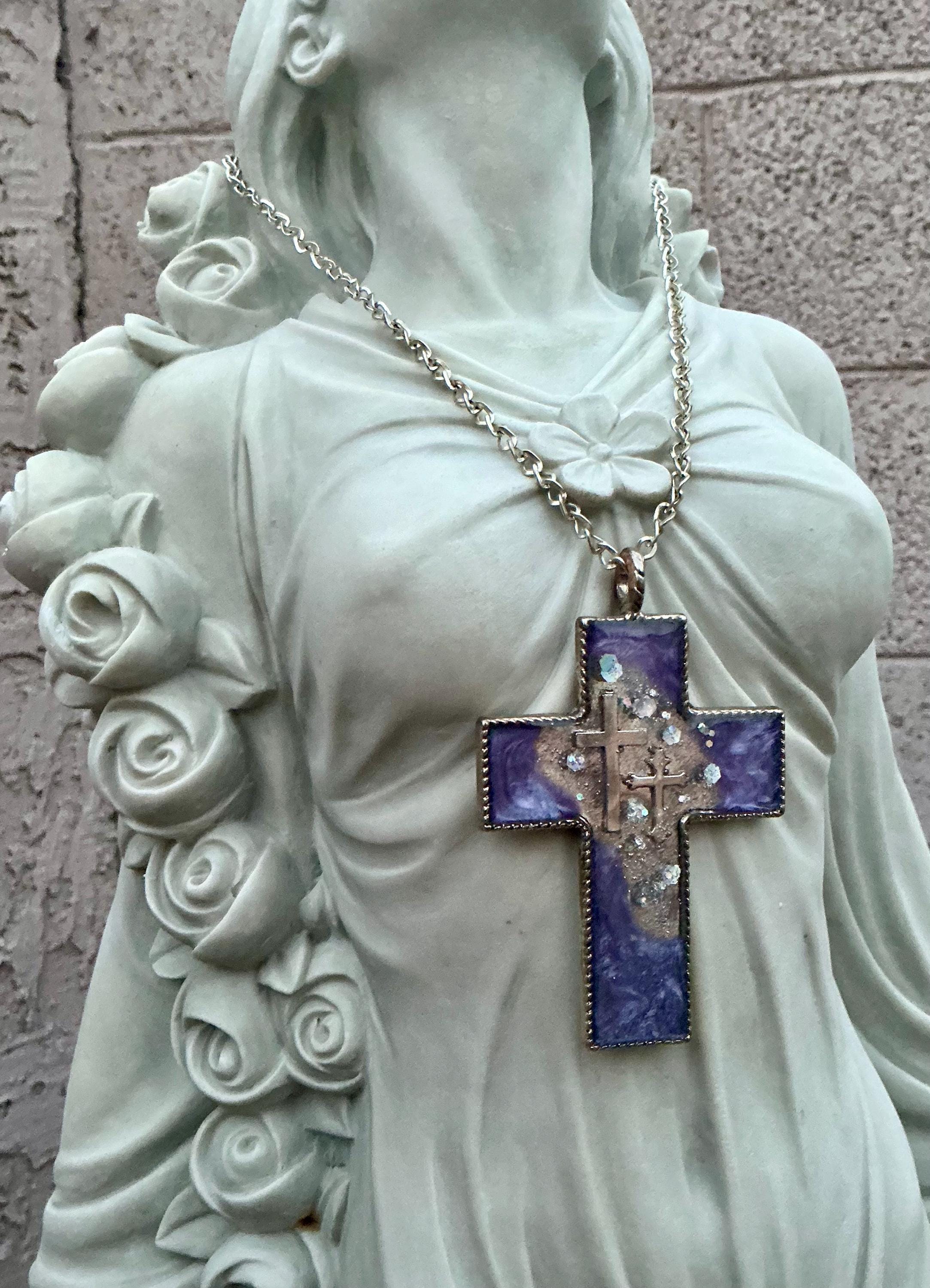 Large Purple Resin Cross Pendant Necklace: Spiritual Rave Jewelry
