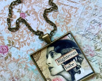 Righteous Babe Pendant Necklace: Sepia Ephemera Art, Brass Chain
