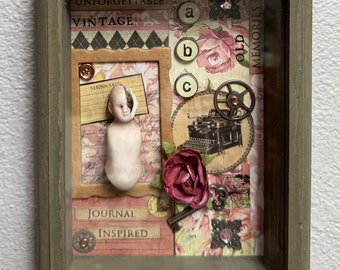 Timeless Curiosity Mixed Media Shadowbox Altered Art Vintage Assemblage Alteredhead Frozen Charlotte Doll Shadowbox Whimsical Shadowbox Art