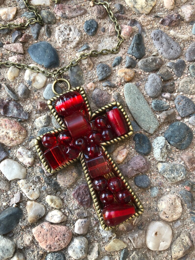 Green Beaded Jewelry On ETSY Alteredhead Crucifix Green Beads Cherries Jubilee Cross Necklaces Beaded Jewelry Cross Symbol Beaded Necklaces