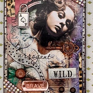 May include: A collage of images and text on a white background. The collage features a woman's face, a lock and key, and the words "boastful", "arrogant", "wild", and "brave".