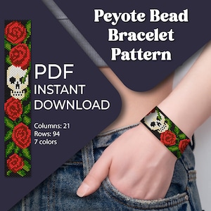 May include: A beaded bracelet pattern with a skull and red roses design. The pattern is for a peyote stitch bracelet and is available as an instant PDF download. The pattern includes 21 columns, 94 rows, and uses 7 colors.