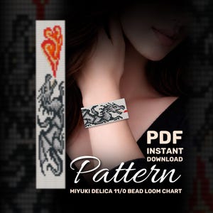 May include: A beaded bracelet with a dragon design in black, white, and gray, with a red accent. The image also features a PDF pattern with the text "Pattern" and "Instant Download". The pattern is for Miyuki Delica 11/0 bead loom chart.