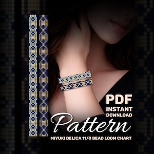 May include: Two beaded bracelets with geometric patterns in blue, gold, and white are displayed. The image also shows a PDF pattern for instant download, with the text "Pattern" and "MIYUKI DELICA 11/0 BEAD LOOM CHART".