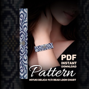 May include: A beaded bracelet with a blue and white floral design is displayed. The bracelet is made with small beads and features a detailed pattern. The image also includes the text "PDF Instant Download Pattern" and "MIYUKI DELICA 11/0 BEAD LOOM CHART".